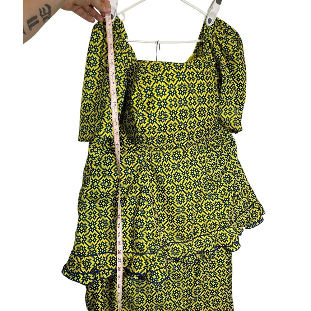Handmade XL Yellow Navy Geometric Peplum Top Maxi Skirt Set Puff Sleeve Retro